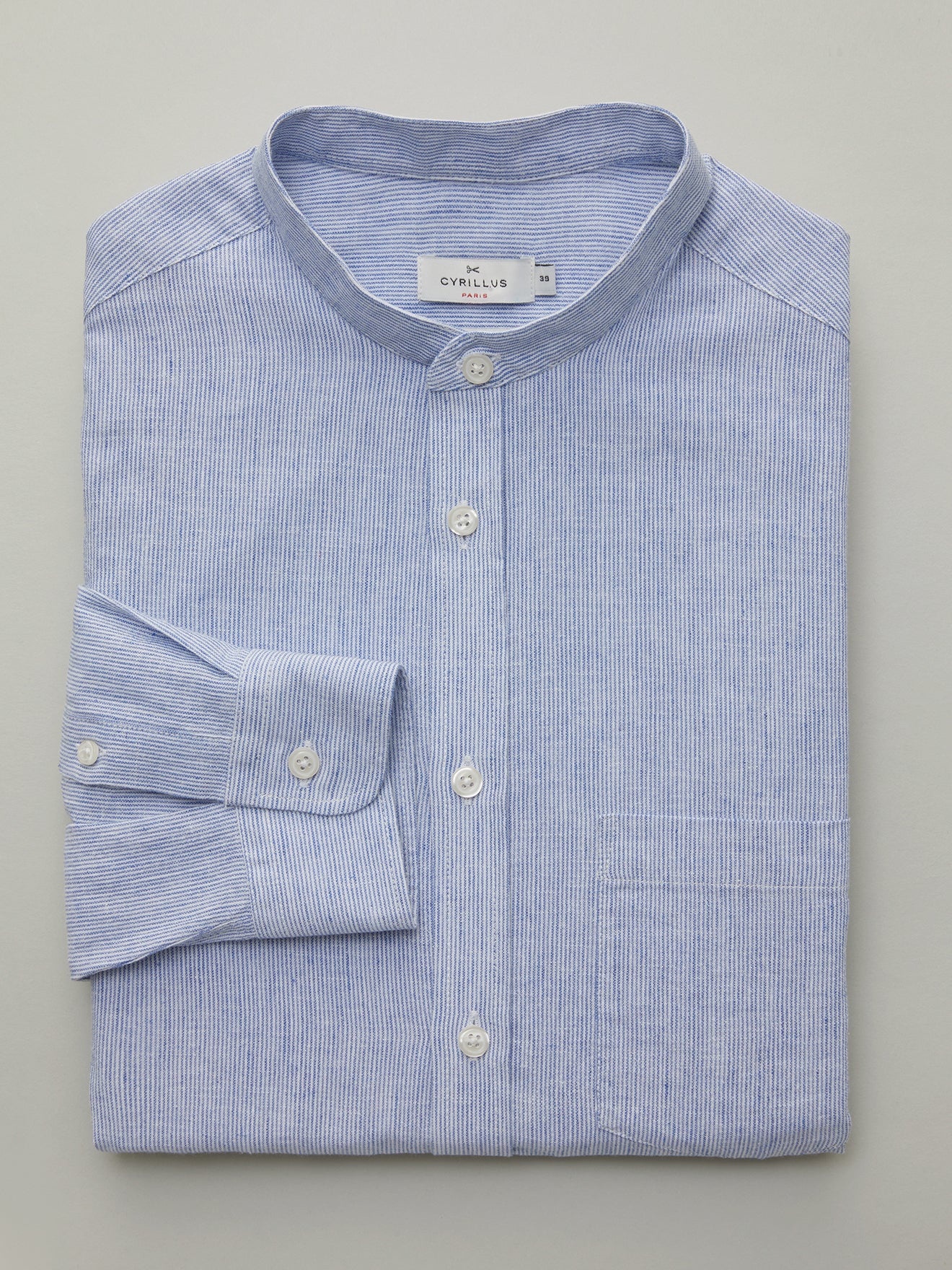 Chemise col mao Slim Fit coton et lin rayé homme