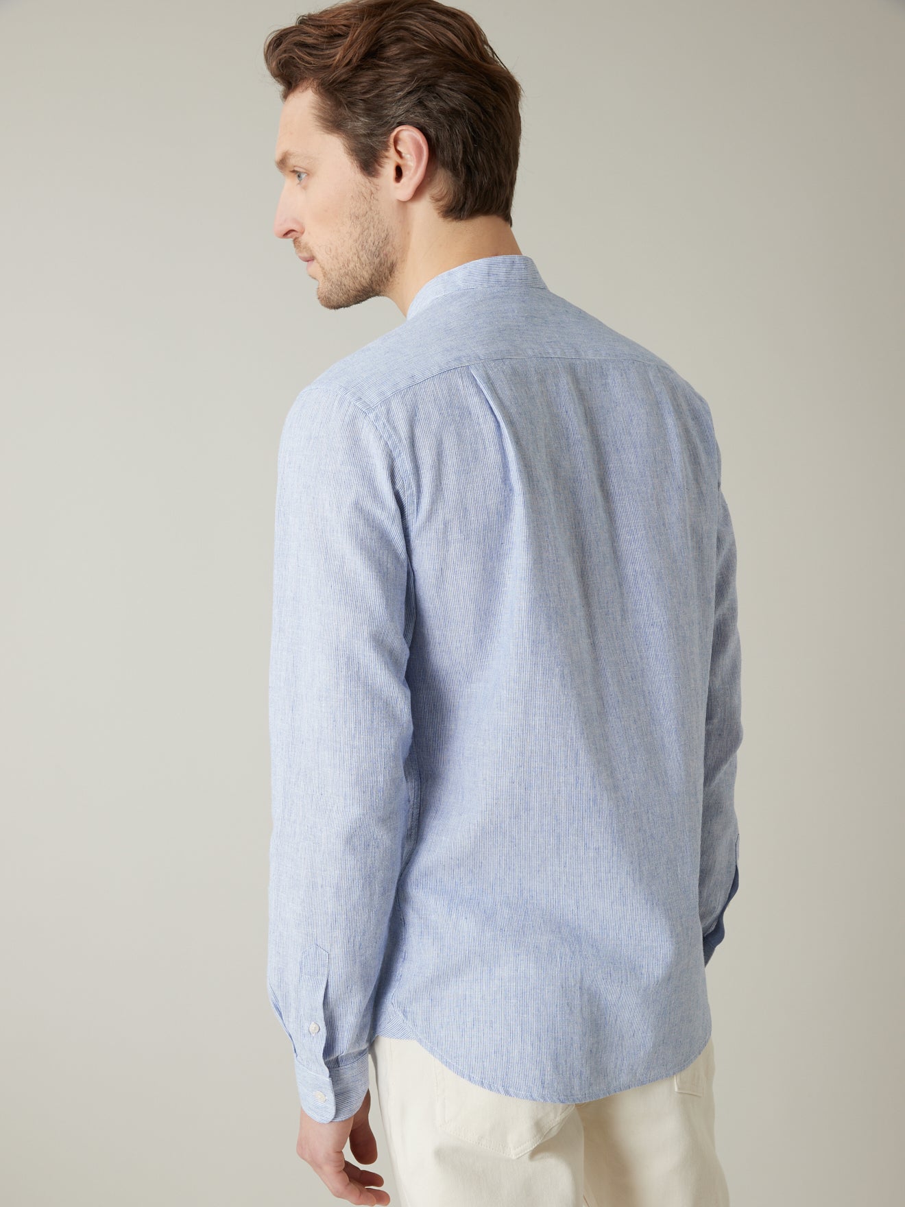 Chemise col mao Slim Fit coton et lin rayé homme
