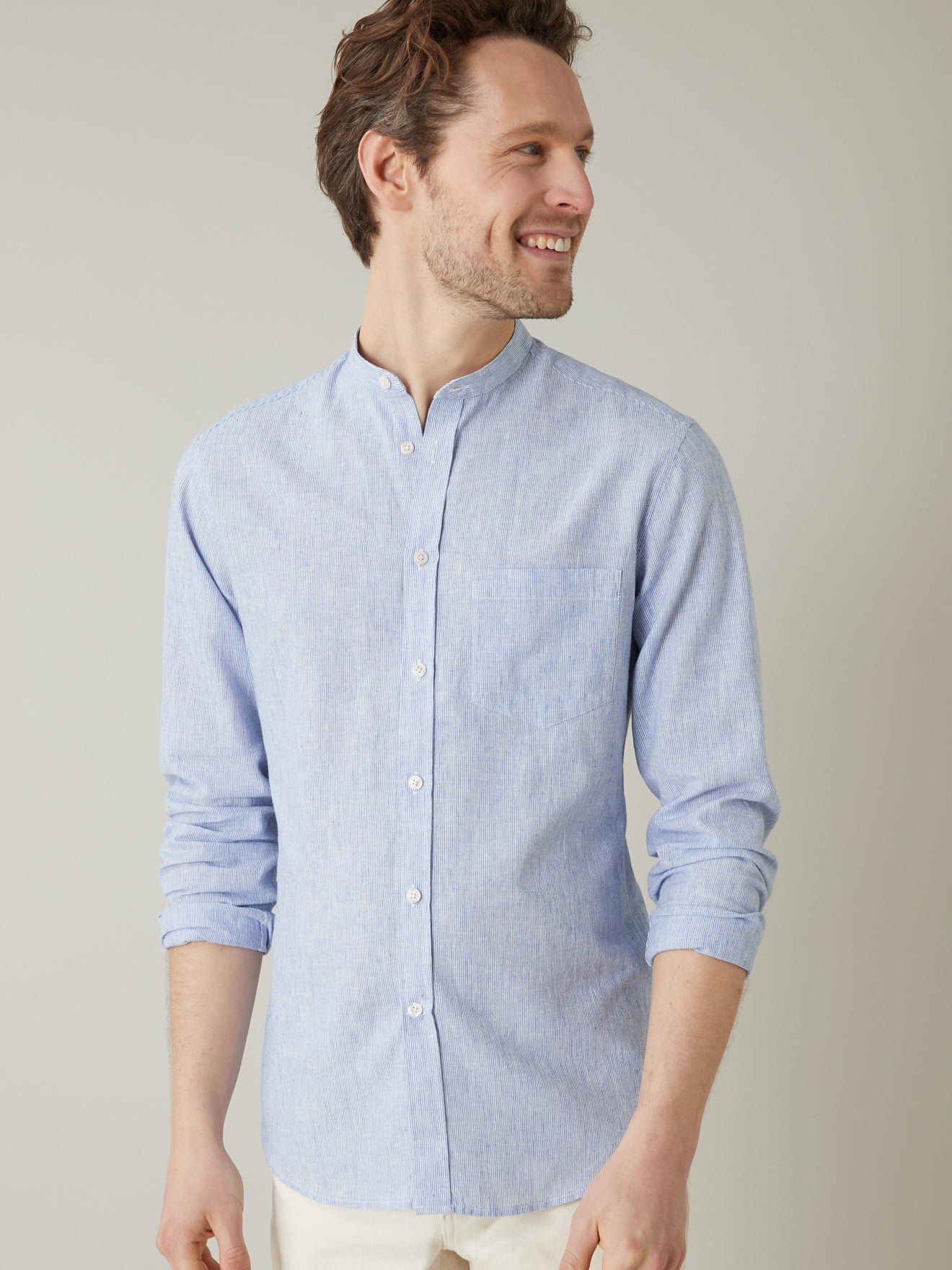 Chemise col mao Slim Fit coton et lin rayé homme