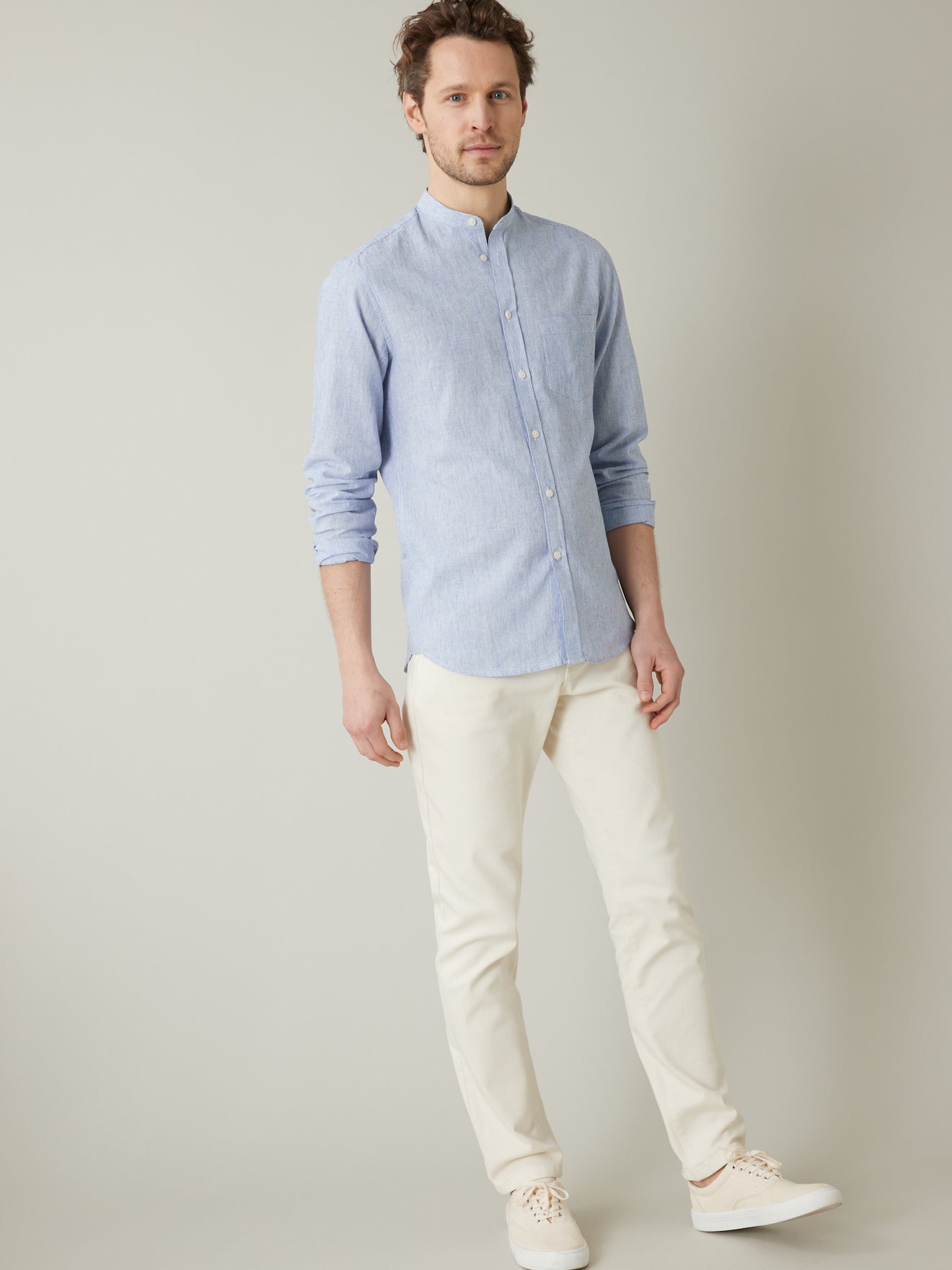 Chemise col mao Slim Fit coton et lin rayé homme