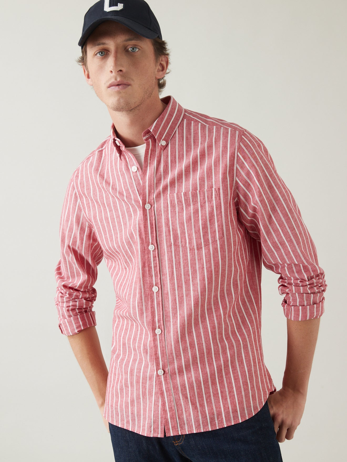 Chemise Regular Fit rayée coton et lin homme