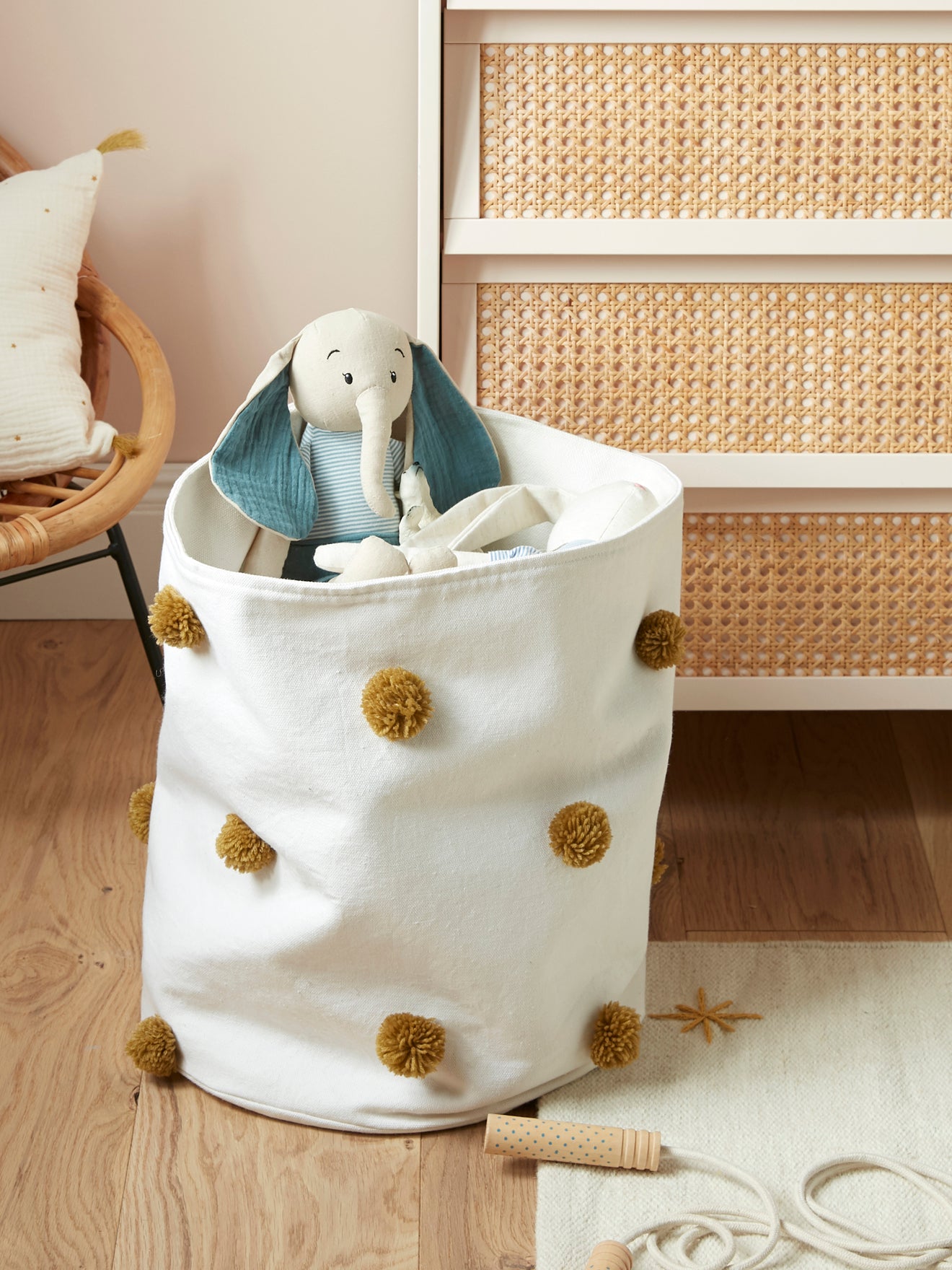 Panier coton pompons, diam. 40 cm